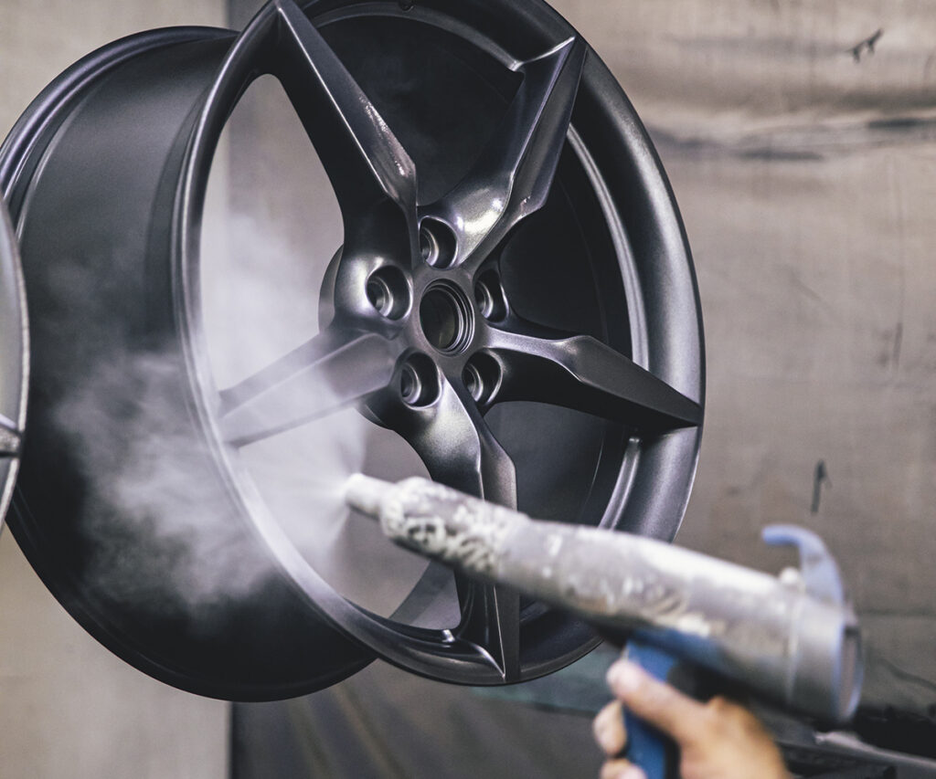 Powder coated wheels in our Miami workshop
